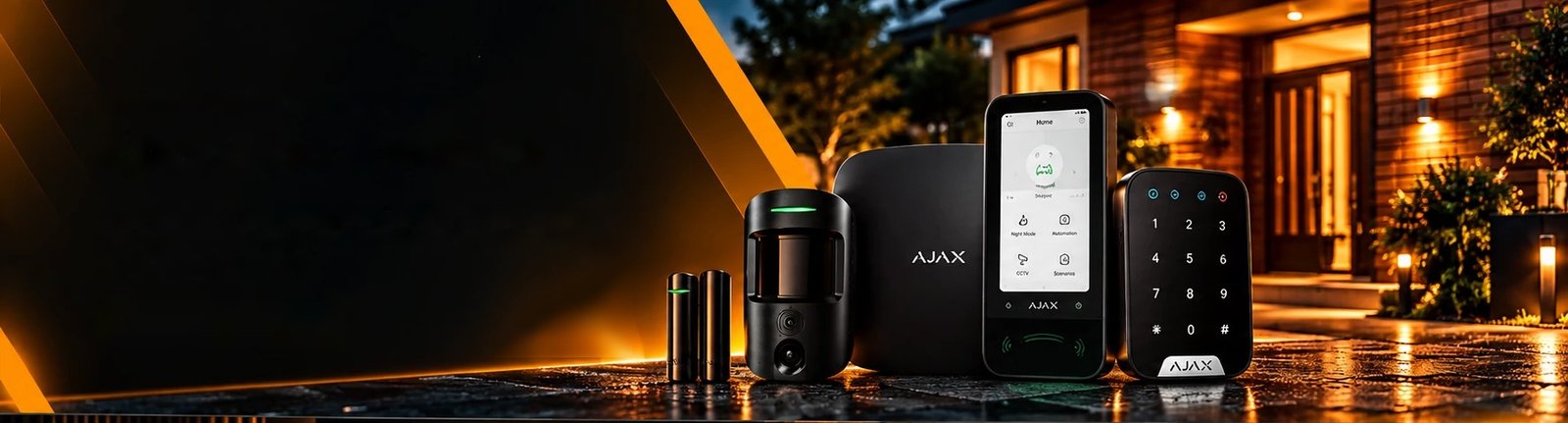Ajax camera detector, hub, touchscreen keypad and keypad outside a lit home at night