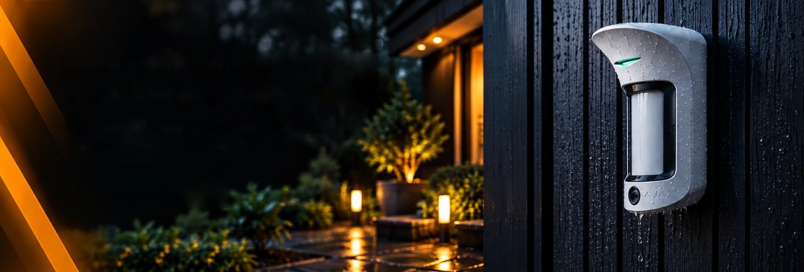 Ajax outdoor camera motion detector mounted on a wet timber wall at night