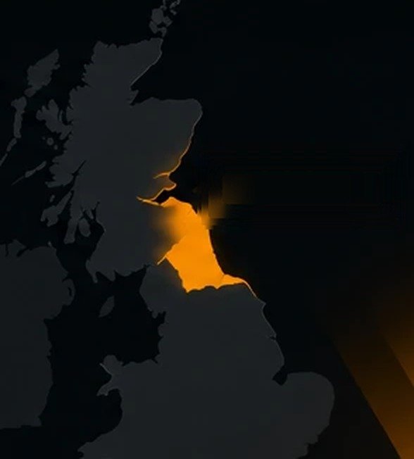 Map of the UK highlighting Northumberland and the North East